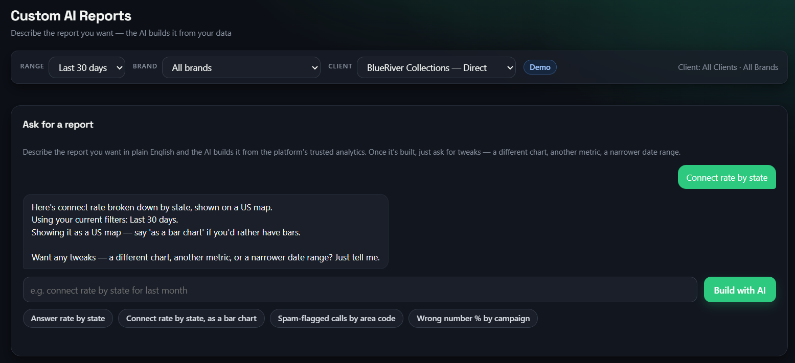 Vapia Custom AI Reports: describe a report in plain English and the AI builds it