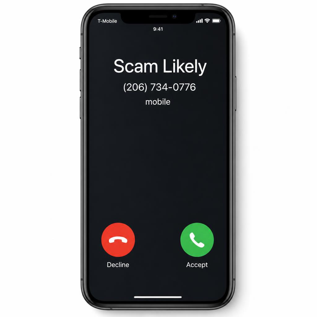 iPhone incoming call screen showing Scam Likely caller ID label